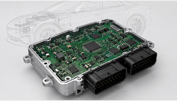 PCB automotriz ensamblada dentro de un módulo de control electrónico, con un automóvil al fondo